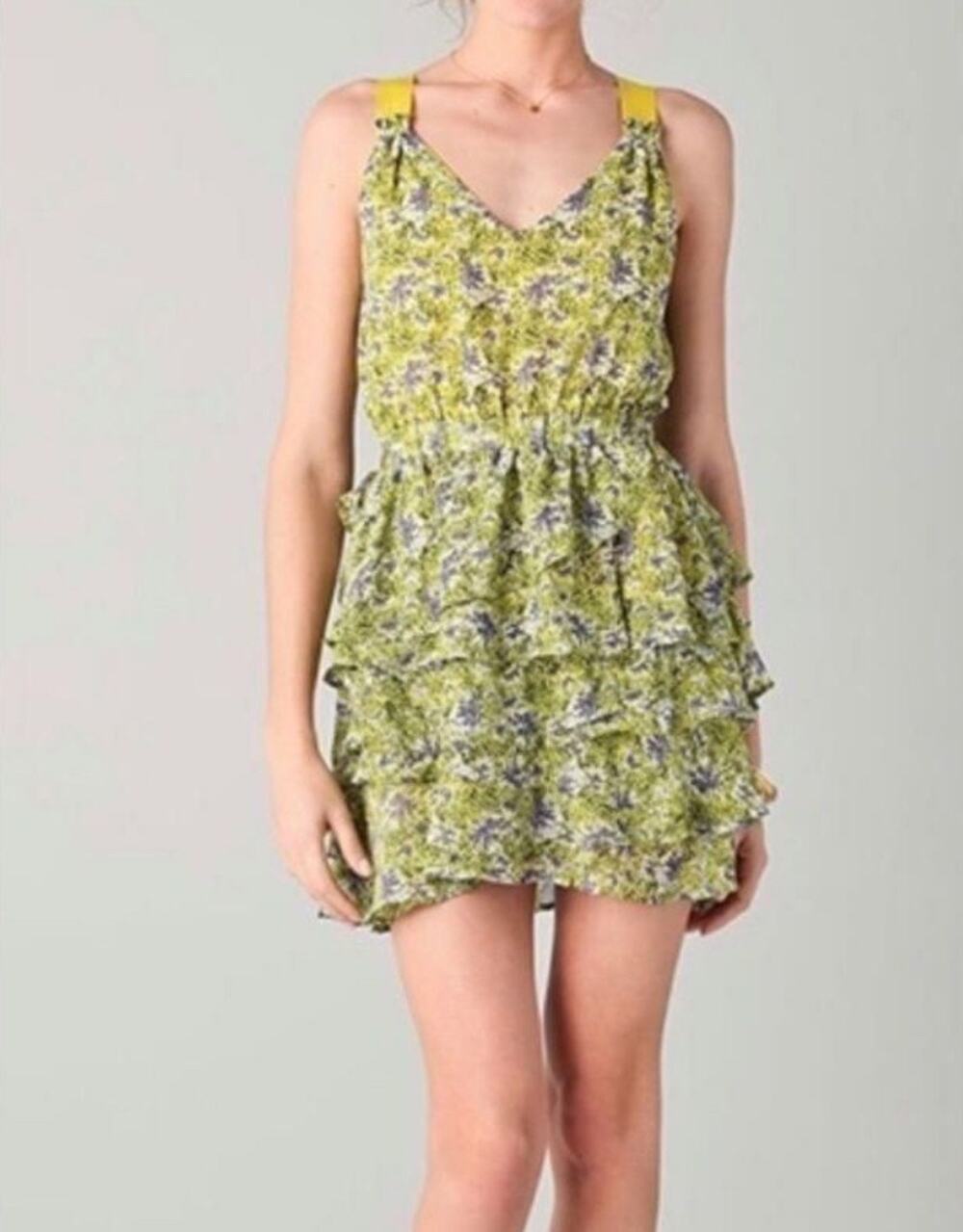 Patterson J. Kincaid Gardenia Ruffle Dress Women's Size M Yellow/Blue Floral